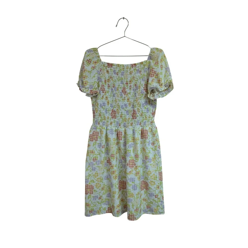 Loft Gingham Flower Puff Sleeve Dress Mini Smocked Cute Girlie‎ Pastel Medium